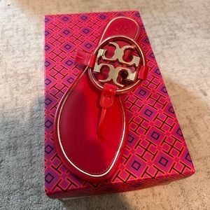 Tory Burch sandals, red, size 11, metal Miller.  New in box, never been worn.